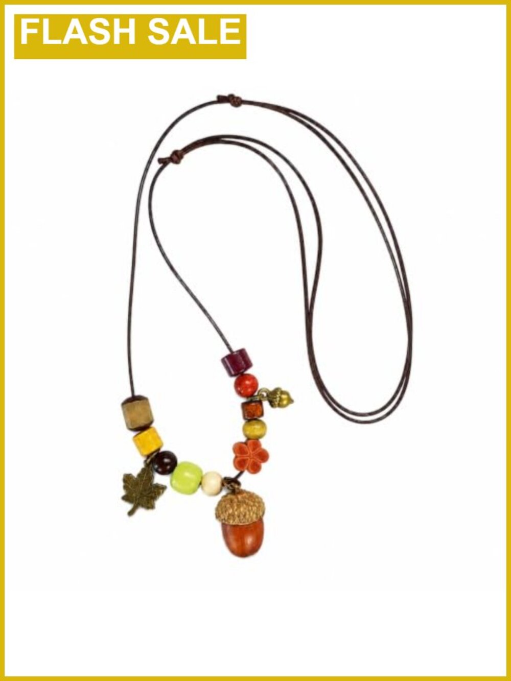 Acorn Leaf Pendant Necklace Wood Bead Copper Y Necklace